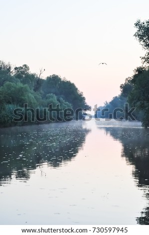 river landscape at sunrise in Danube Delta, Romania