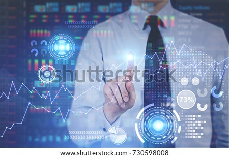 Man interacting with a blue and orange HUD. A blurred interface background. Concept of the future and technologies. Toned image double exposure