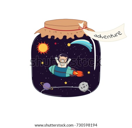 Hand drawn vector illustration of a cute funny bear flying in a rocket in outer space, in a glass jar with label Adventure. Isolated objects on white background. Design concept for kids, card, poster.
