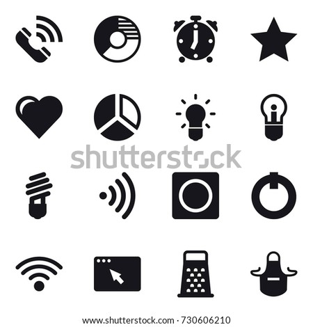 16 vector icon set : call, circle diagram, alarm clock, star, heart, diagram, bulb, wireless, ring button, apron