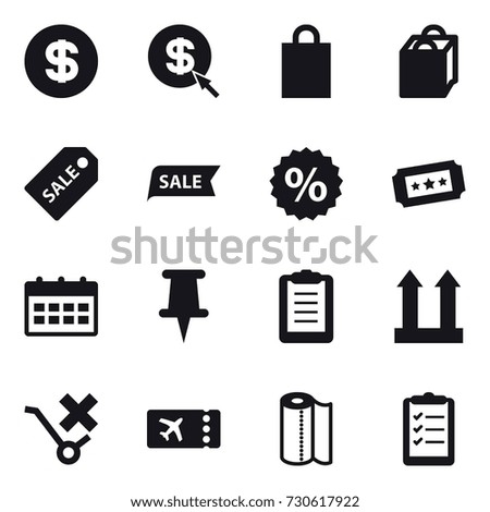 16 vector icon set : dollar, dollar arrow, shopping bag, sale label, sale, percent, ticket, calendar, paper towel, clipboard list