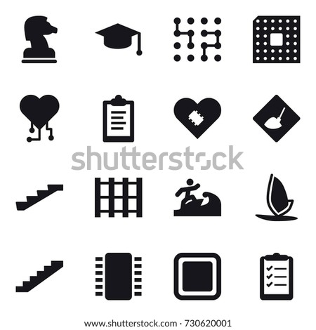 16 vector icon set : chess horse, graduate hat, chip, cpu, cardio chip, clipboard, under construction, stairs, surfer, windsurfing, cutting board, clipboard list