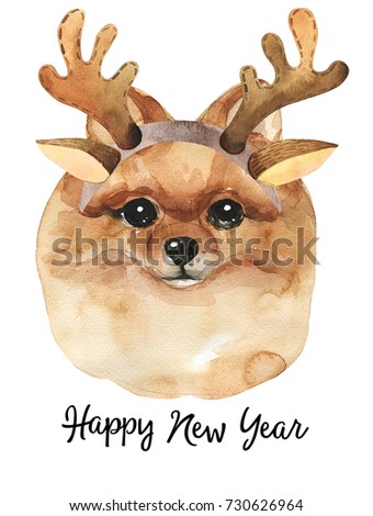 New Year card Portrait cute dog isolated on white background. Watercolor hand-drawn illustration. Popular breed dog. Greeting card design. 