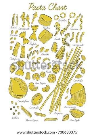 Different kind and types of pasta hand drawn vector illustration. Elements for design isolated on background. Modern playful sketch style. Farfalle, penne, gnocchi macaroni.