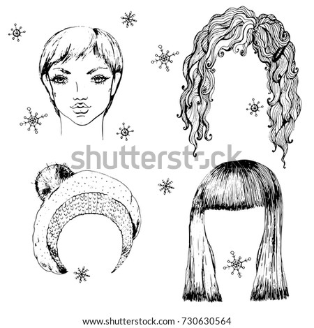 Vector hand drawn set of young girl, wigs and knitting hat for clip art. Fashion illustration for print, card and other trendy design. Ink drawn sketch.