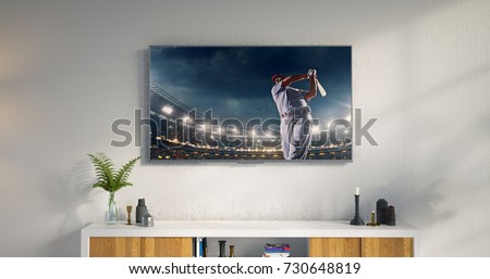 3D illustration of a living room led tv on white wall with wooden table and plant in pot showing baseball game moment .