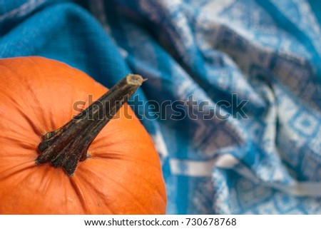 Fresh orange pumpkin laying in the corner on an old homespun canvas