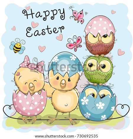 Greeting Easter card Two Chicks and Owls