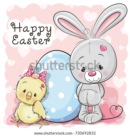 Cute Cartoon Chicken rabbit  and egg on a pink background
