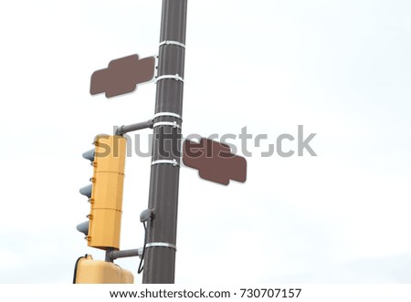corner or intersection with traffic lights and two brown street signs with copy space