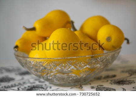 Close up of bowl yellow decorative pumpkin, gourd, on a white background. Autumn concept.