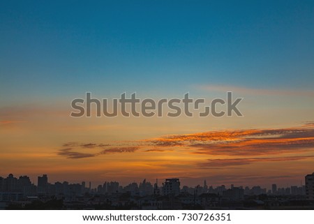 Aerial view of dramatic sunset or sunrise and blue sky in Bangkok Thailand of Asian.