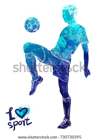 Bright watercolor silhouette of soccer player with ball.. Vector sport illustration. Graphic figure of the athlete. Active people. Recreation lifestyle. Man. Logo I love sport. Royalty-Free Stock Photo #730730395
