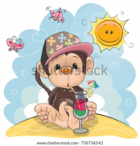 Greeting card Cute Monkey in a cap on the beach
