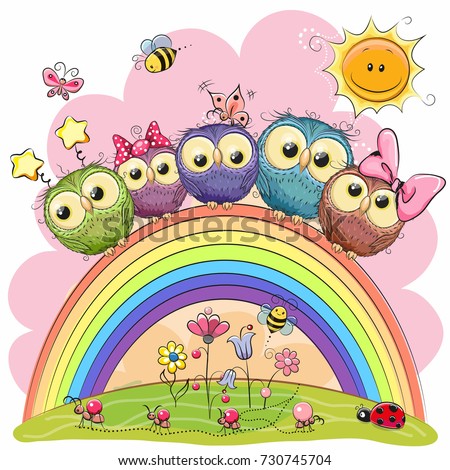 Five Cute Owls is sitting on a rainbow