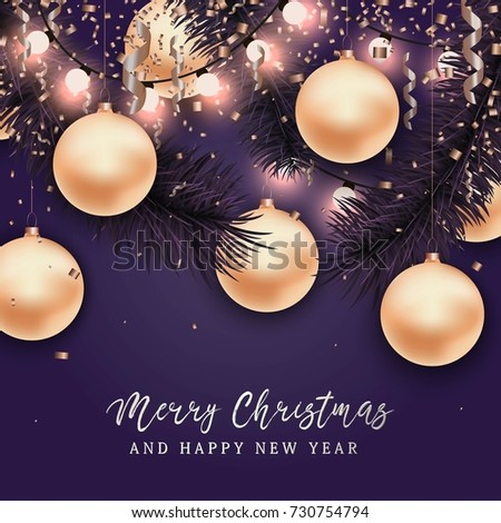 Christmas and New Year background for holiday greeting card, invitation, party flyer, poster, banner. Silver, pink and black ball, confetti, string gsrlsnd on black background.