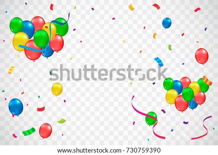 Celebration and party background With Confetti And Streamer Ribbon. Congratulations & Happy Birthday. Balloon Decoration. Multicolored. Vector