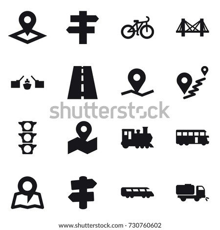 16 vector icon set : pointer, singlepost, bike, bridge, drawbridge, train, bus, map, signpost, sweeper