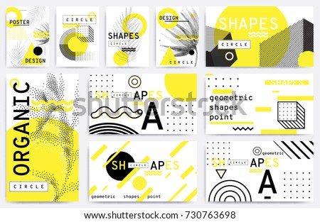 Universal trend posters set juxtaposed with bright bold geometric leaves foliage yellow elements composition. Background in restrained sustained tempered style. Magazine, leaflet, billboard, sale Royalty-Free Stock Photo #730763698