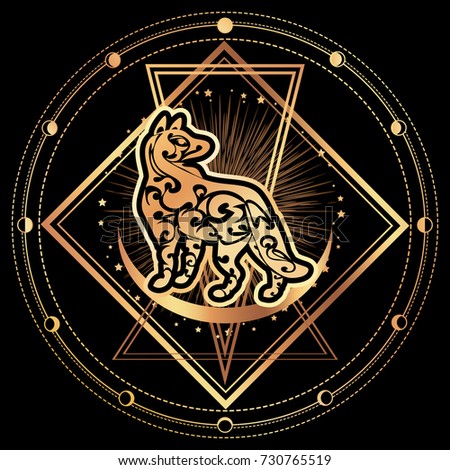 Gold Dog silhouette. Chinese zodiac abstract animal symbol of new year 2018