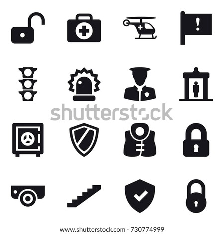16 vector icon set : unlock, detector, safe, shield, life vest, locked, surveillance camera, stairs