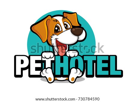 Cute dog holding a big signboard for pet hotel vector illustration logo