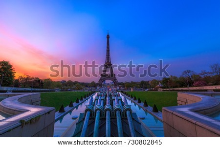 Eiffel Tower from Trocadero fountain during the blue hour, Paris, France