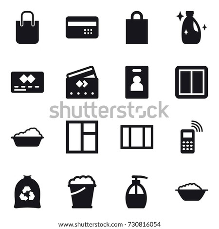 16 vector icon set : shopping bag, credit card, cleanser, identity card, power switch, washing, window, garbage bag, foam bucket, liquid soap, foam basin