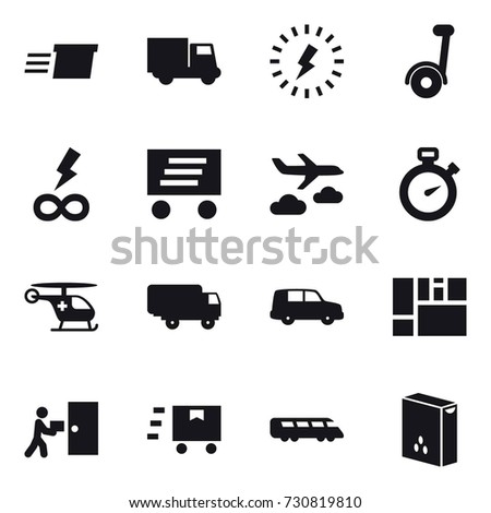 16 vector icon set : delivery, truck, lightning, segway, infinity power, journey, stopwatch