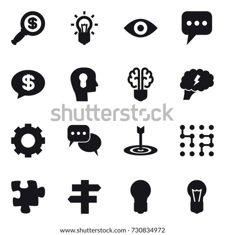 16 vector icon set : dollar magnifier, bulb, eye, message, money message, bulb head, bulb brain, brain, gear, discussion, target, chip, puzzle, singlepost