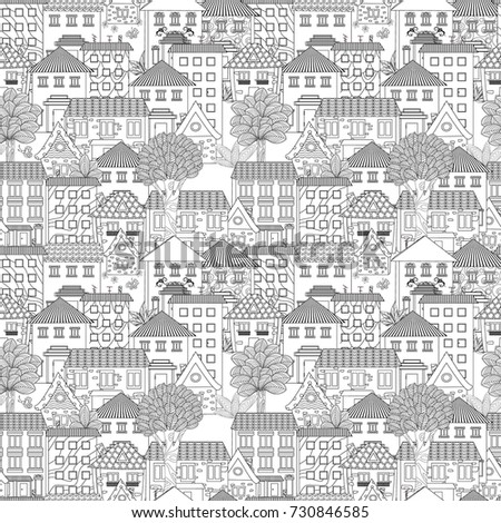seamless texture with cute houses and trees for coloring book