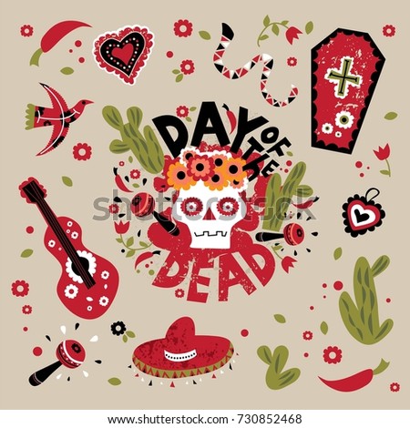 Vector illustration and lettering set of Day of the dead. The snake, the coffin, the heart, the cactus, maracas, sombrero, pepper, skull, bride, flowers