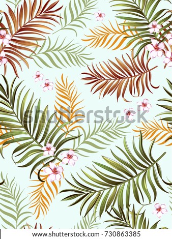 Exotic tropical vector background with hawaiian plants and flowers. Seamless  tropical pattern with palm leaves and flowers.