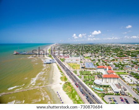 Galveston Island along the seawall from the air   Royalty-Free Stock Photo #730870684