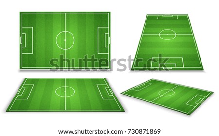 Soccer, european football field in different point of perspective view. Isolated vector illustration. Soccer green field for game Royalty-Free Stock Photo #730871869