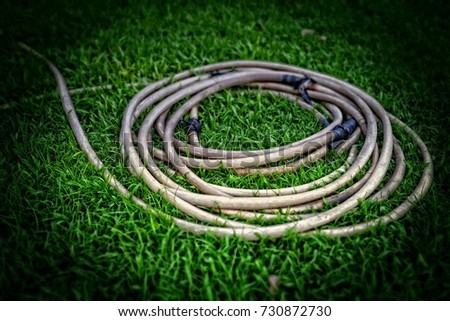 Old, broken rubber tube on the grass