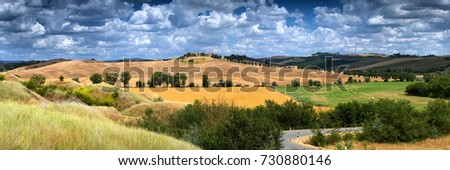 Crete Senesi near Asciano with Cloudy Sky. Tuscan Italy. Beautiful landscape of the Tuscan countryside. Royalty-Free Stock Photo #730880146