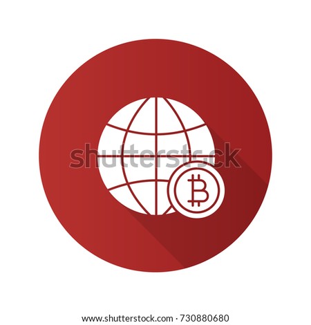 Global bitcoin flat design long shadow glyph icon. Cryptocurrency. Globe with bitcoin sign. Vector silhouette illustration