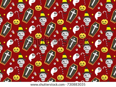 Vector seamless halloween pattern. with skull,pumpkins,ghost,candy and morgue on red background.