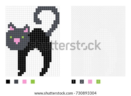 Pixel halloween black cat in the coloring page with numbered squares, vector illustration