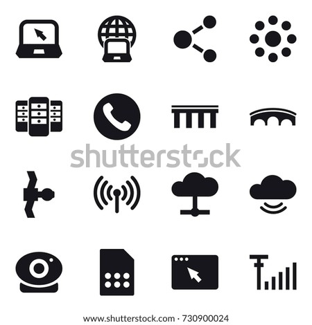 16 vector icon set : notebook, notebook globe, molecule, round around, server, phone, bridge, wireless