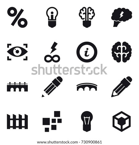 16 vector icon set : percent, bulb, bulb brain, brain, eye identity, infinity power, info, bridge, pencil, fence