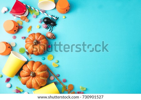 colorful party halloween with decor and dessert candy sweet on b