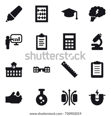 16 vector icon set : marker, abacus, graduate hat, brain, presentation, clipboard, calculator, university, school, ruler