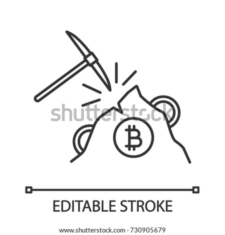 Navvy pick with bitcoin sign linear icon. Cryptocurrency mining. Thin line illustration. Pick axe. Contour symbol. Vector isolated outline drawing. Editable stroke