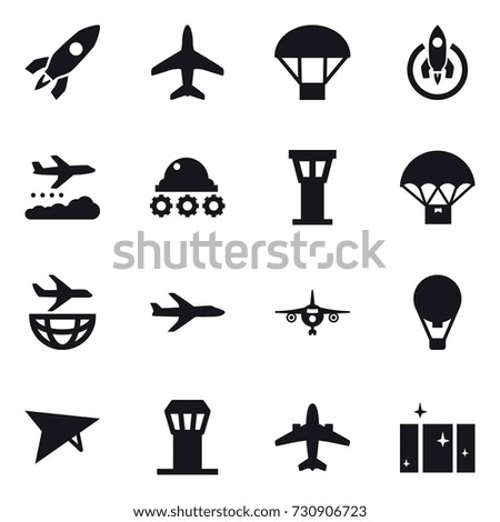 16 vector icon set : rocket, plane, parachute, weather management, lunar rover, airport tower, air ballon, deltaplane, airplane, clean  window