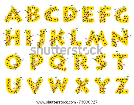 sunflower alphabet A-Z isolated on white background