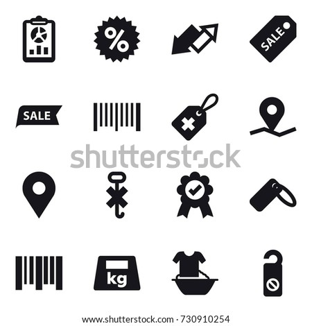 16 vector icon set : report, percent, up down arrow, sale label, sale, barcode, handle washing, do not distrub