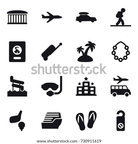 16 vector icon set : airport building, plane, car baggage, tourist, passport, suitcase, island, hawaiian wreath, aquapark, diving mask, hotel, transfer, golf, cruise ship, flip-flops, do not distrub