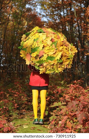 Bright colors of October and girl with umbrella in the forest